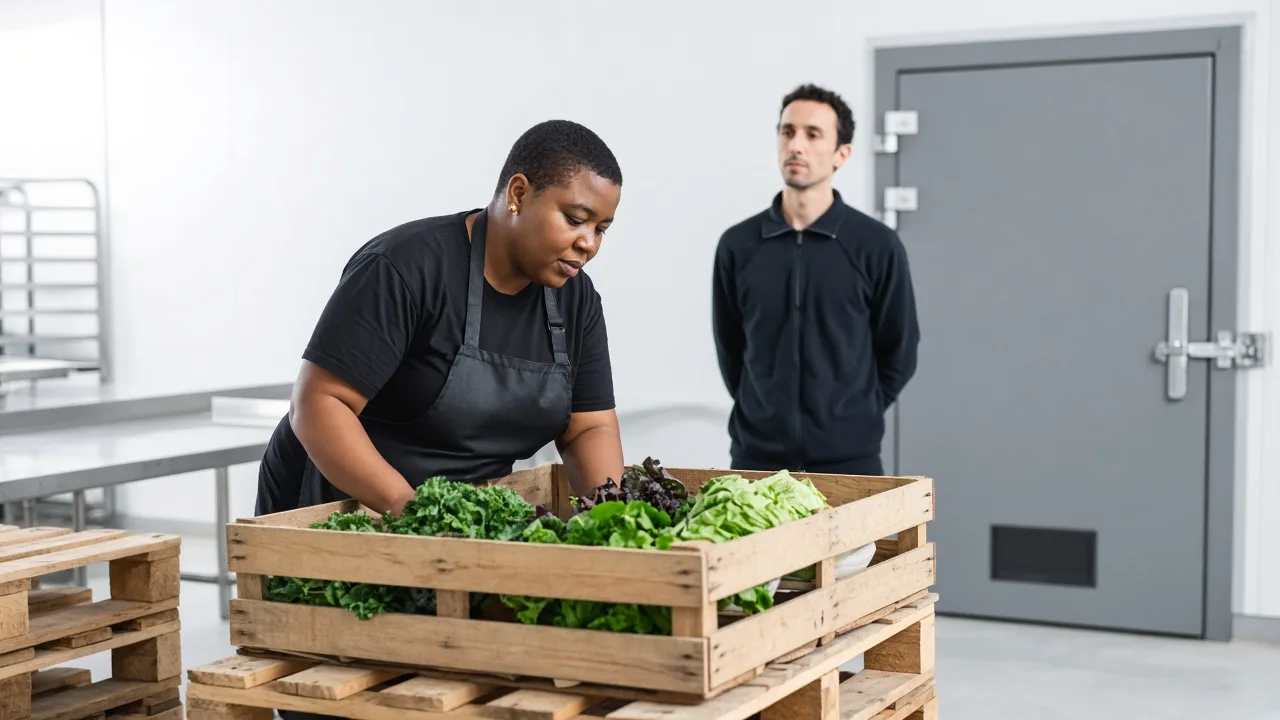 Workers staging pallets of produce crates in a bright area beside a cold room