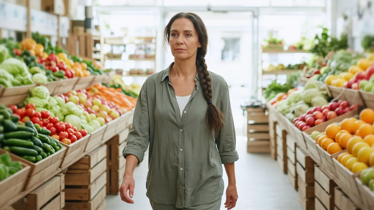 A worker walking a bright chilled aisle of stacked fruit and vegetable crates