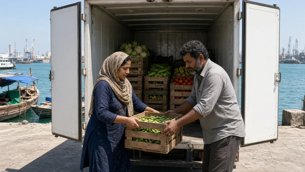 Workers loading crates of produce into a white refrigerated truck at a bright dock