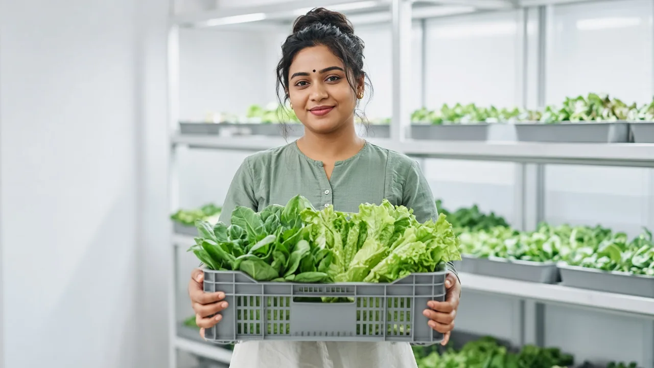A worker holding a crate of leafy greens in a bright chilled room