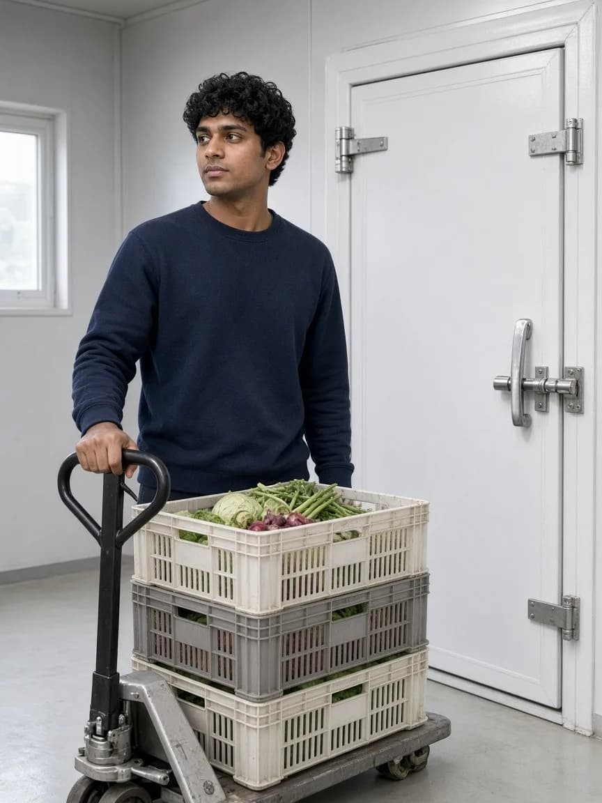 A worker with a pallet of produce crates waiting at a cold room door