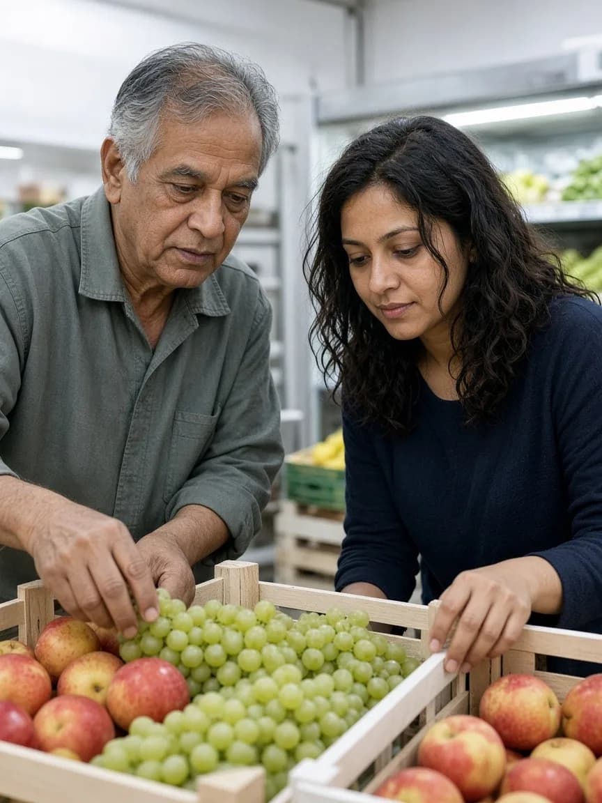 Two workers arranging fruit crates in a bright chilled produce room