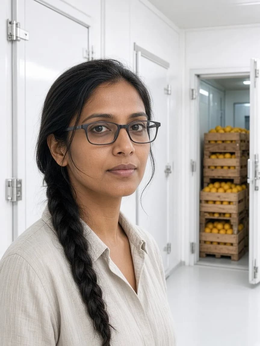 A supervisor beside several cold room doors holding different produce