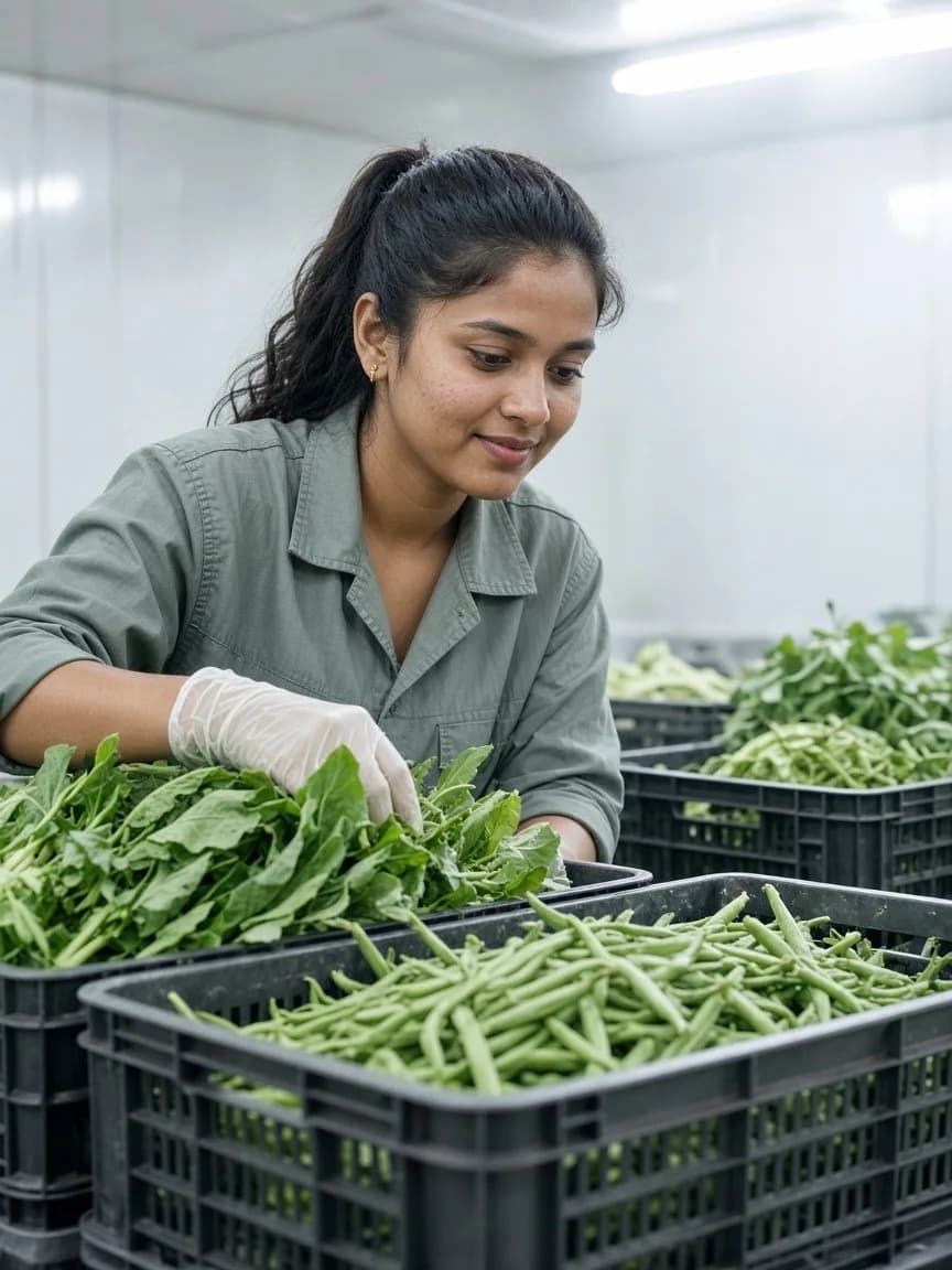 A worker checking freshly arrived vegetable crates in a bright pre cooling room