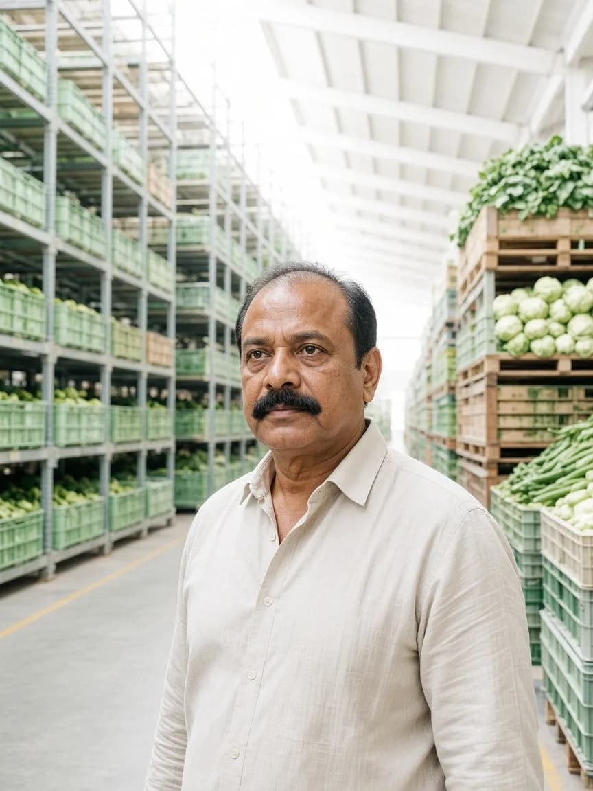 Workers in a tall bright produce warehouse aisle lined with vegetable crates