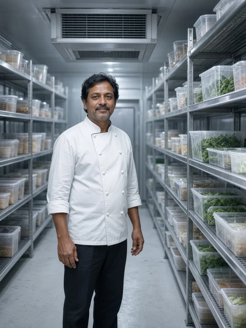 A chef walking a bright cold room aisle with gaps between shelves of food
