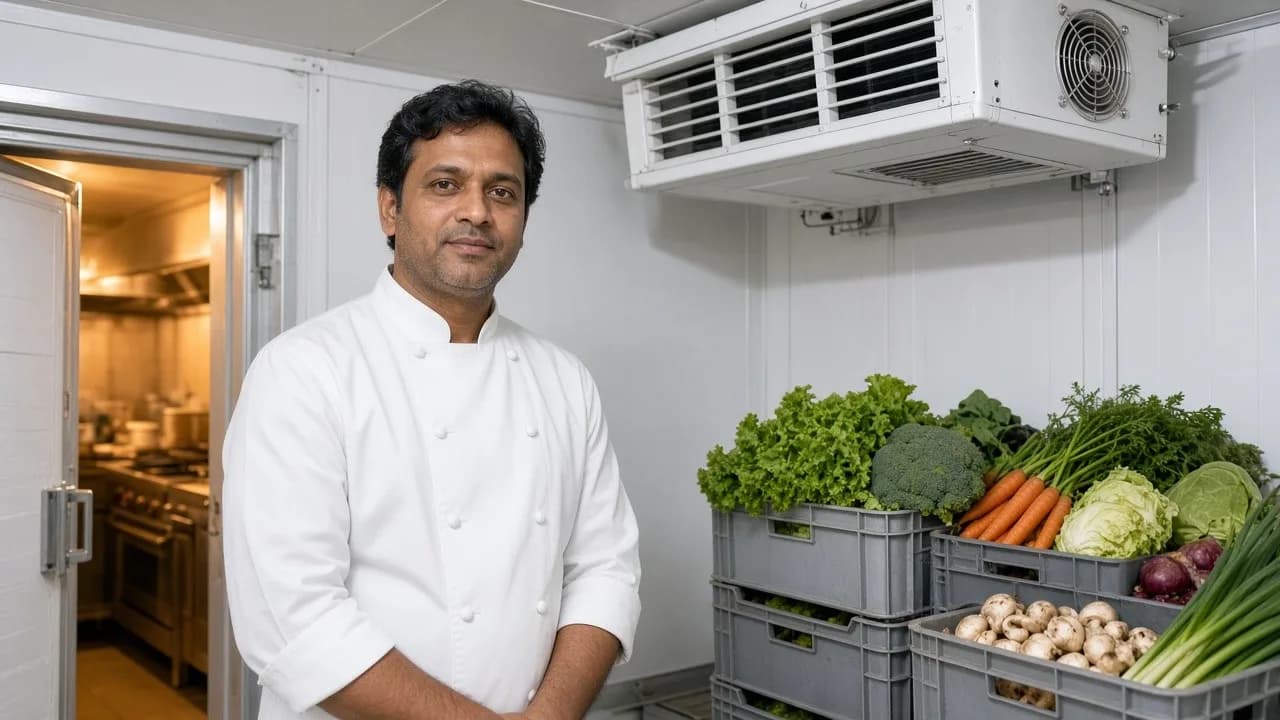 A chef beside food crates and a ceiling evaporator in a bright hotel cold room