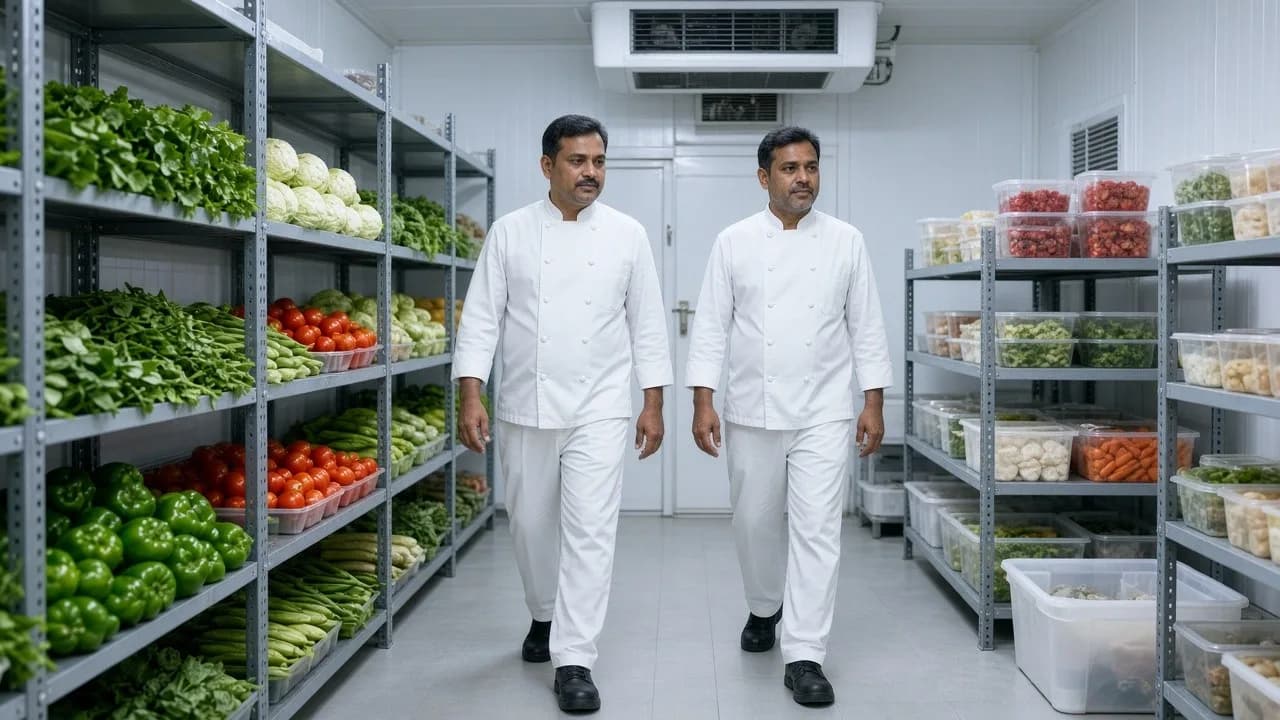 Chefs among organised food shelves inside a bright hotel cold room