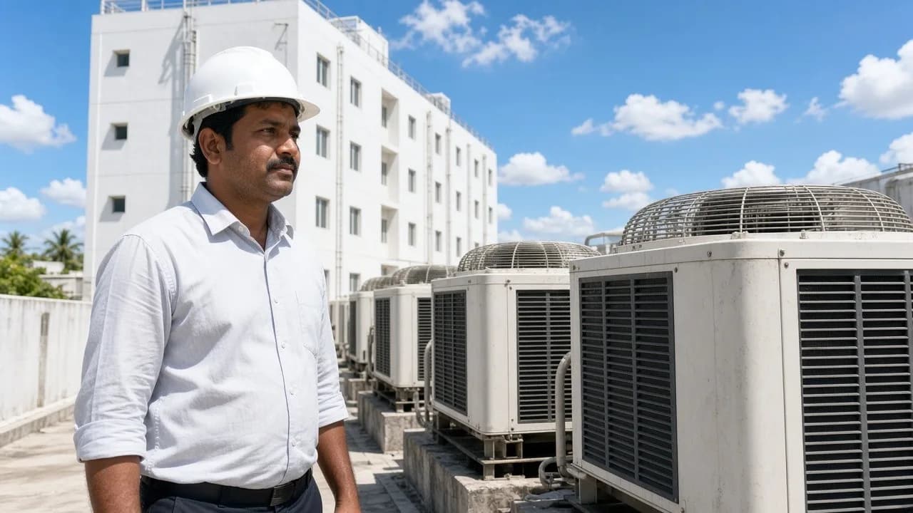 An engineer beside outdoor refrigeration plant at a hotel under a bright hot sky