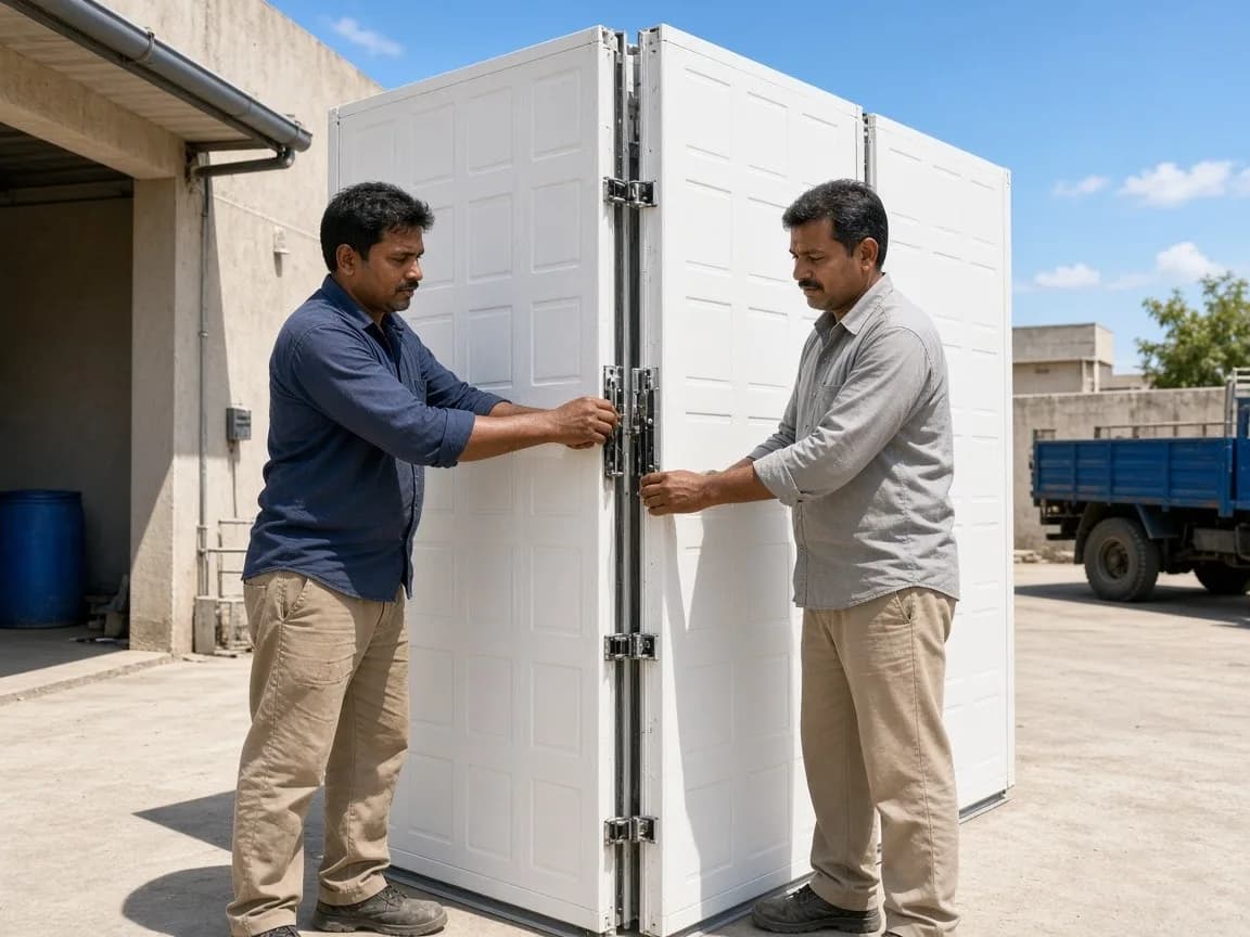 Two workers locking white insulated panels at a sunny hotel service yard