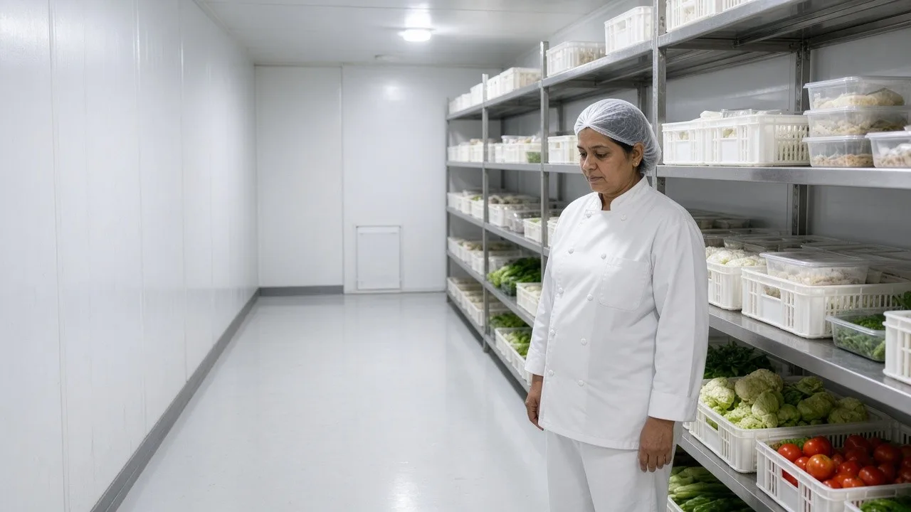 A chef beside organised food shelves in a bright hotel cold room
