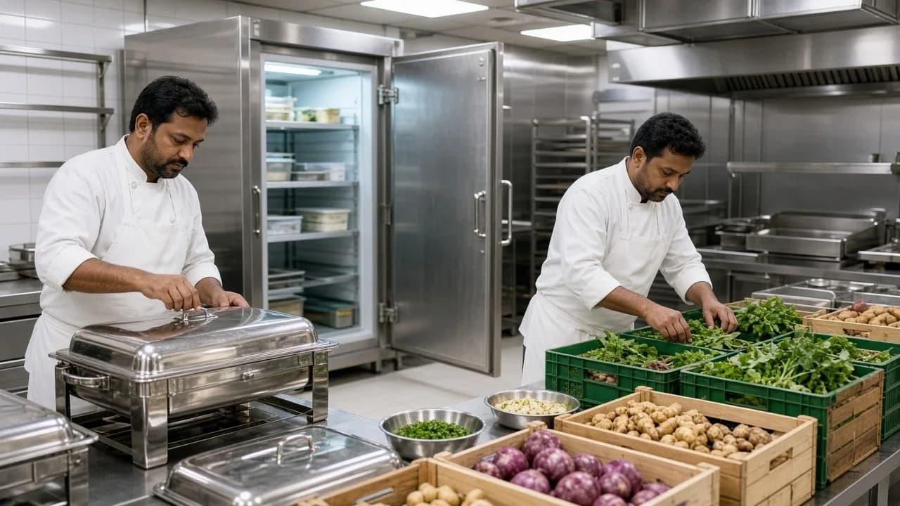 Kitchen staff staging plated food and crates before a bright banquet kitchen