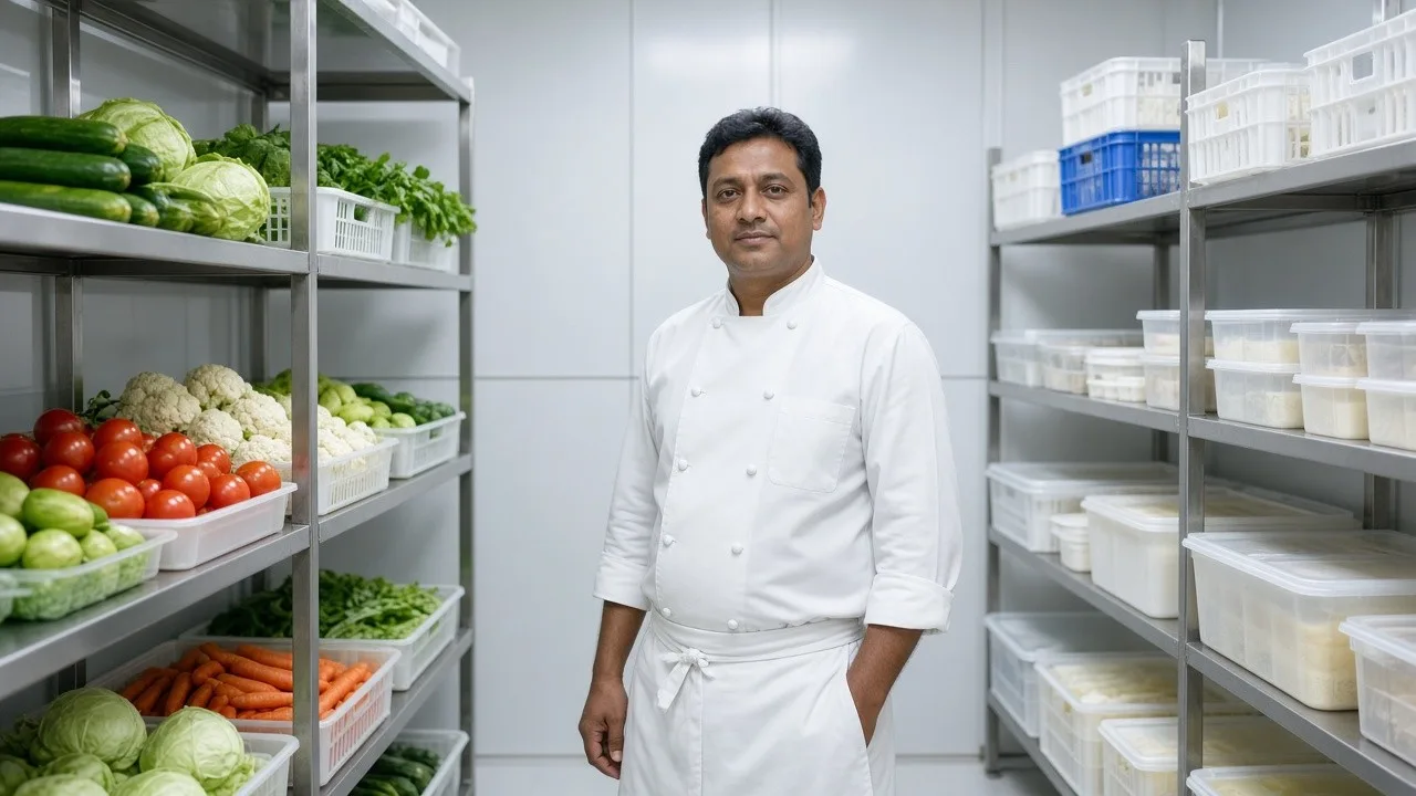 A chef among organised shelves of fresh food in a bright hotel cold room