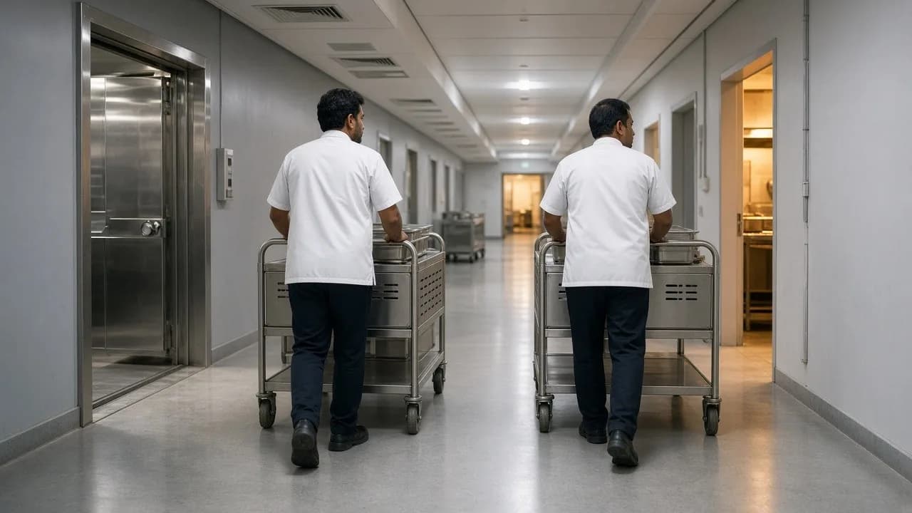 Staff moving food trolleys from a central cold room through a bright hotel corridor