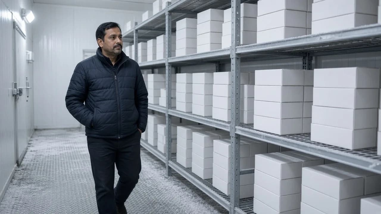 A kitchen worker in a bright freezer aisle of frozen food cartons