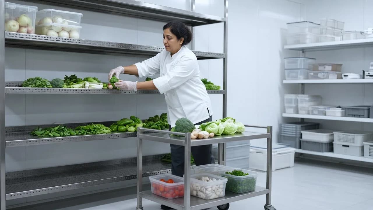 A chef selecting ingredients from a bright refrigerated shelf