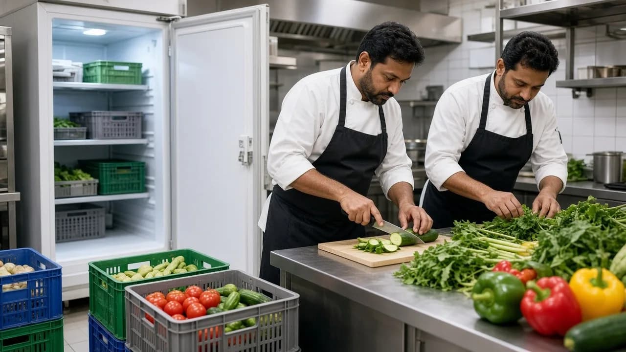 Chefs working at a stainless station beside an open hotel cold room