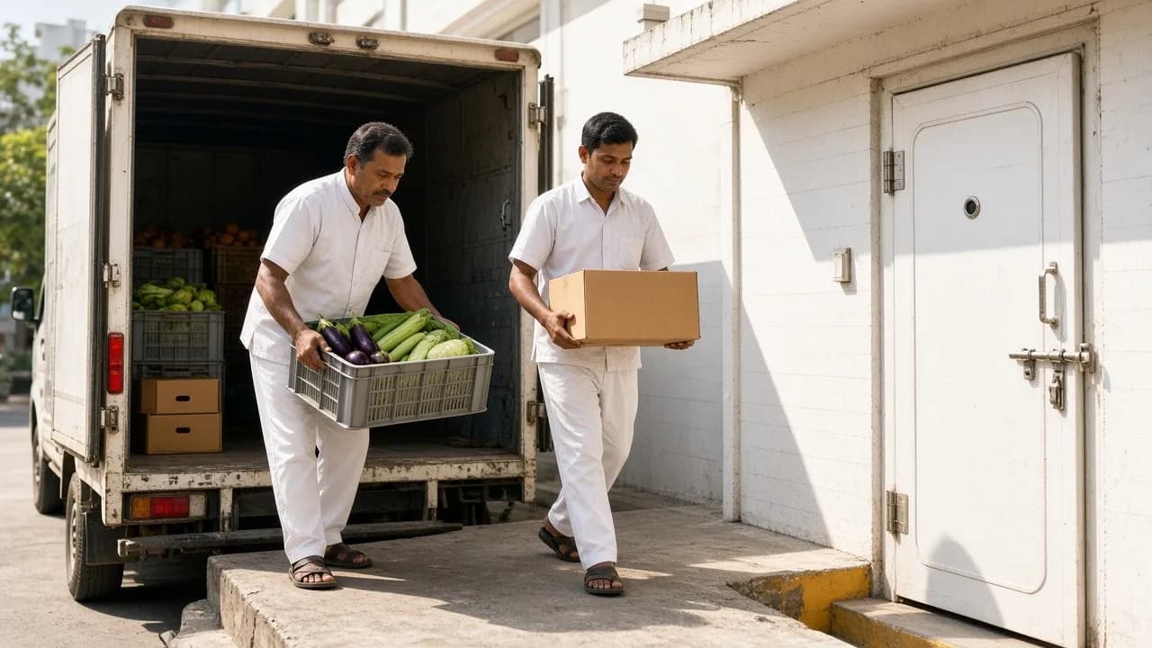 Hotel staff receiving food crates at a bright back of house dock