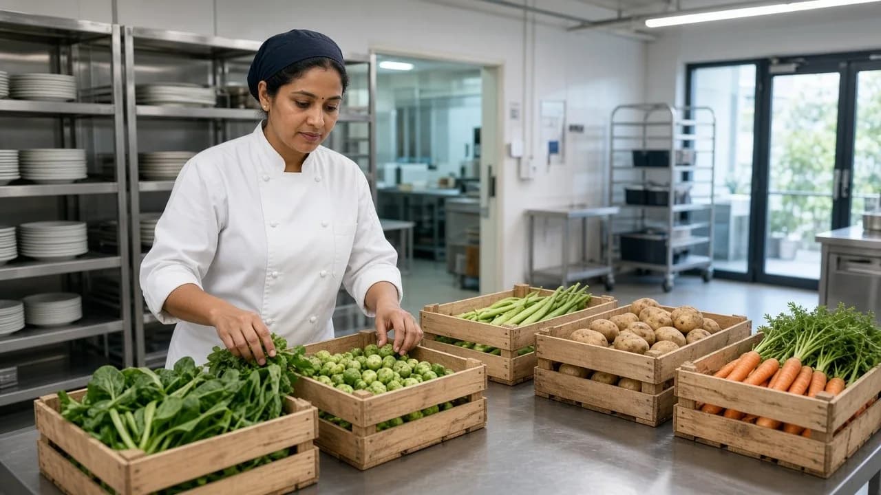 A chef checking fresh produce crates on a stainless table in a bright kitchen