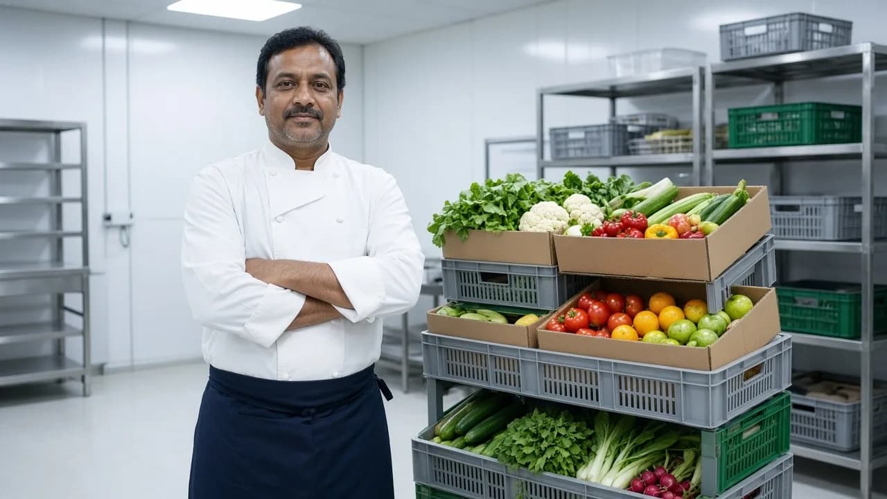 A chef with crates of fresh vegetables in a bright hotel cold room