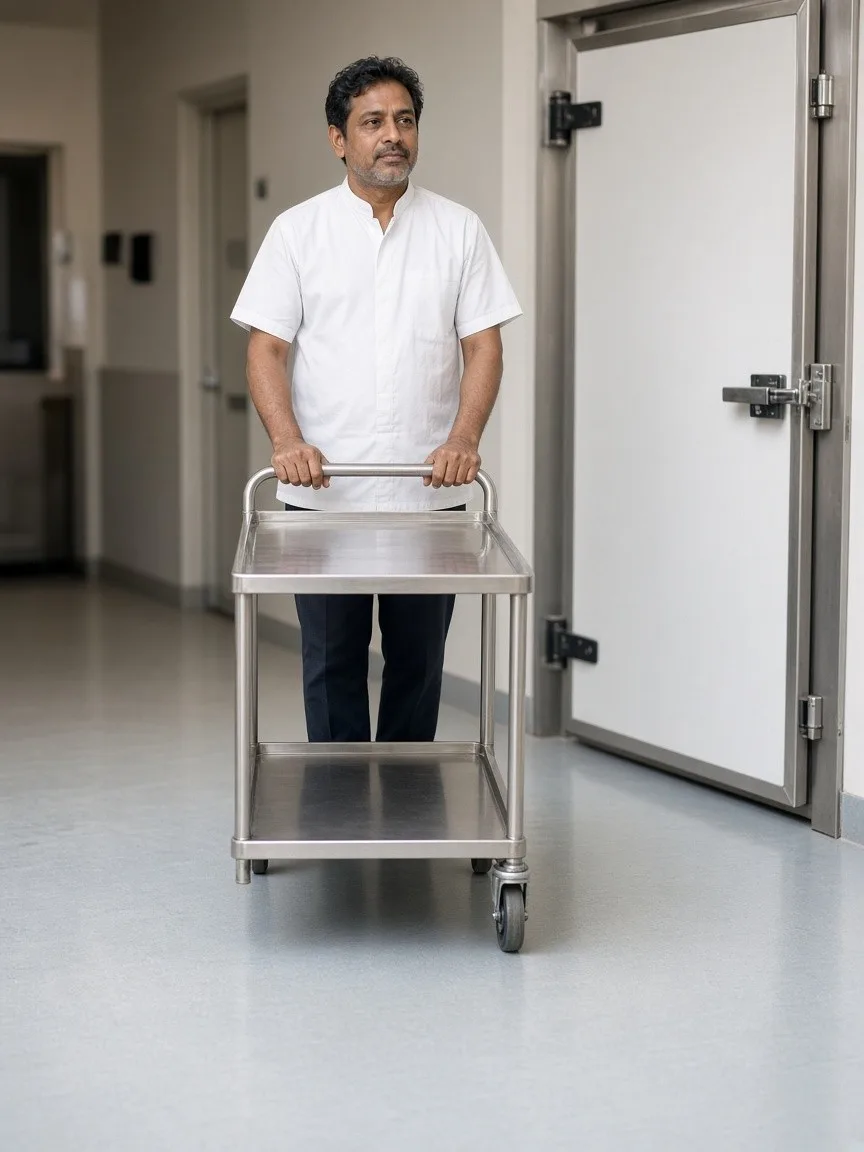 A kitchen worker with a trolley waiting at a cold room door