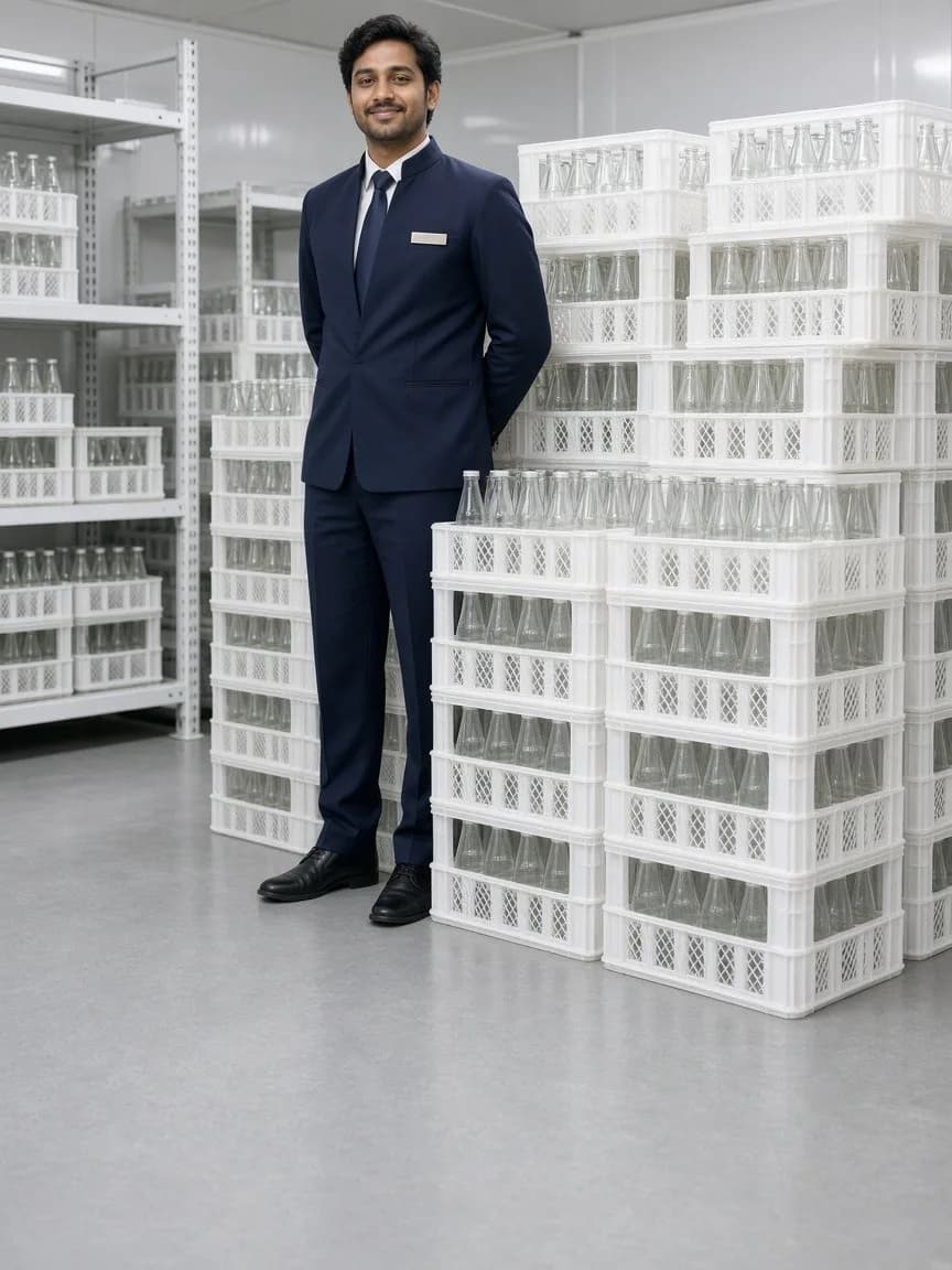 A steward beside crates of unmarked bottles in a bright beverage cold room