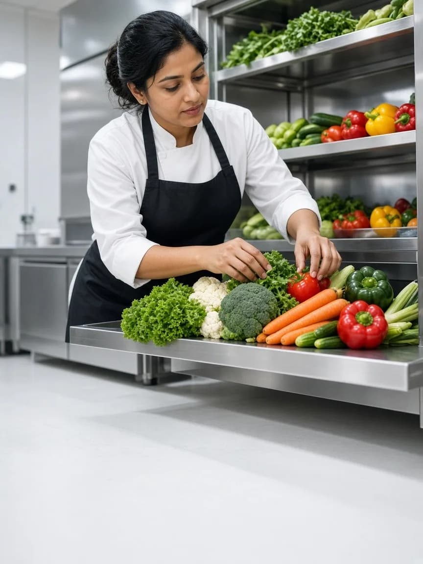 A chef arranging fresh ingredients on shelves in a bright chilled kitchen room