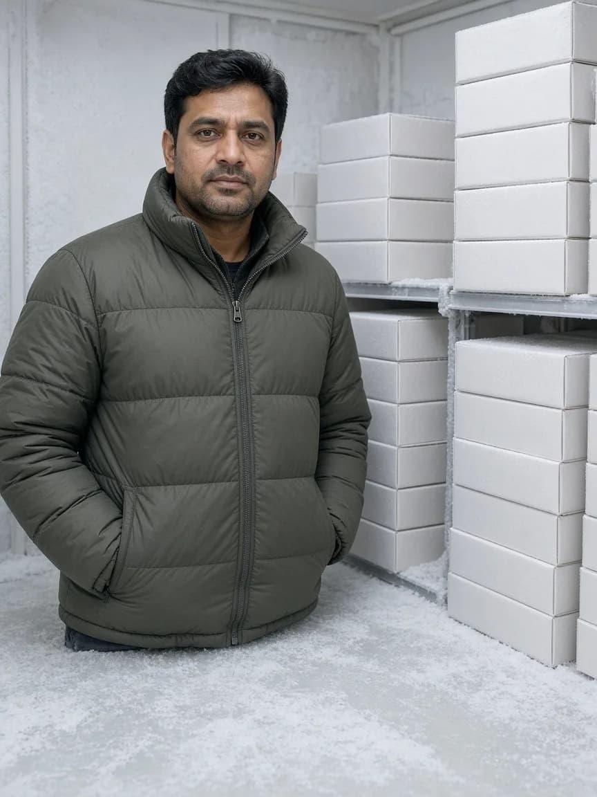 A chef beside frozen food cartons in a bright hotel freezer