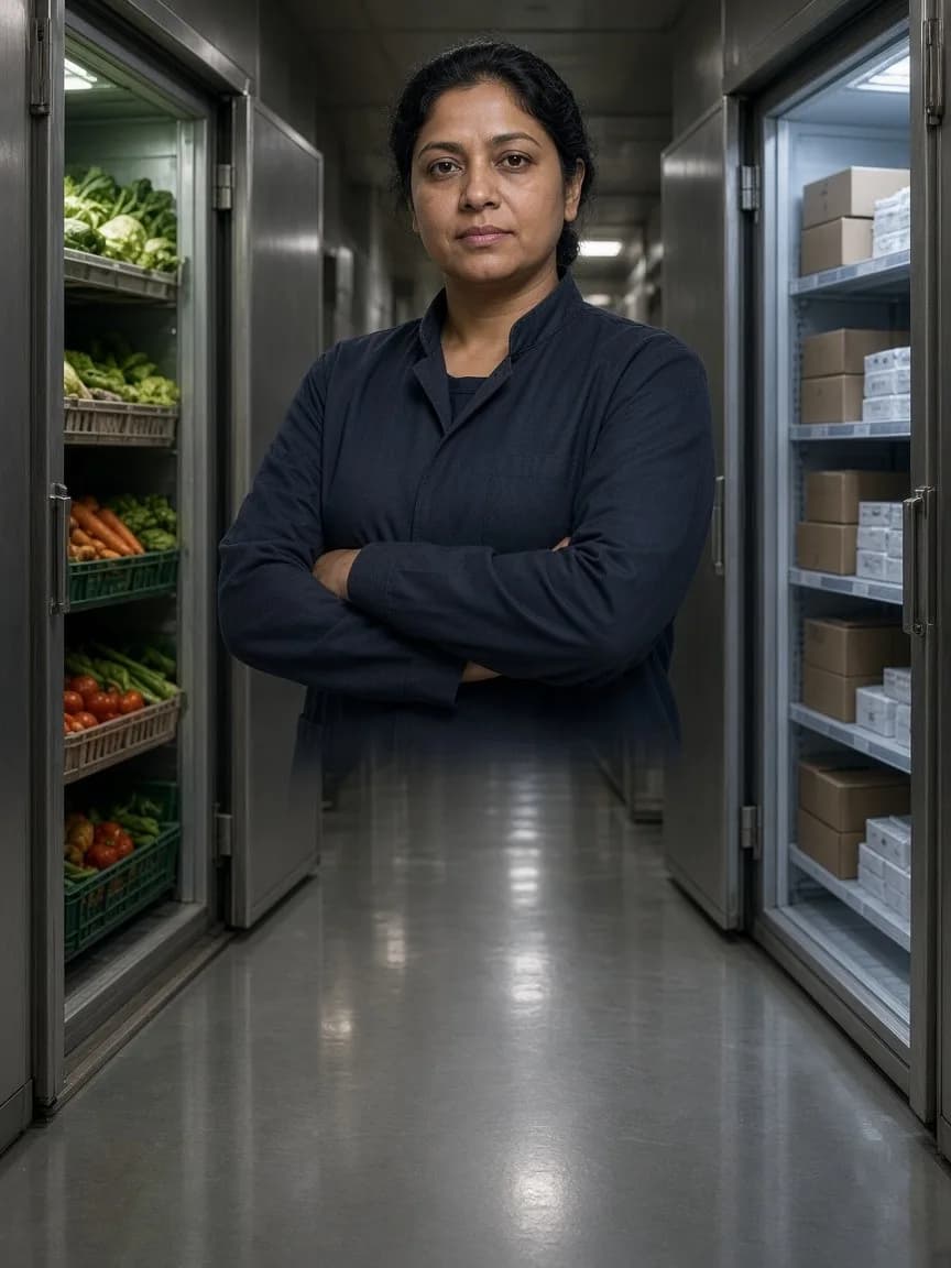A kitchen supervisor between a chilled room and a freezer room