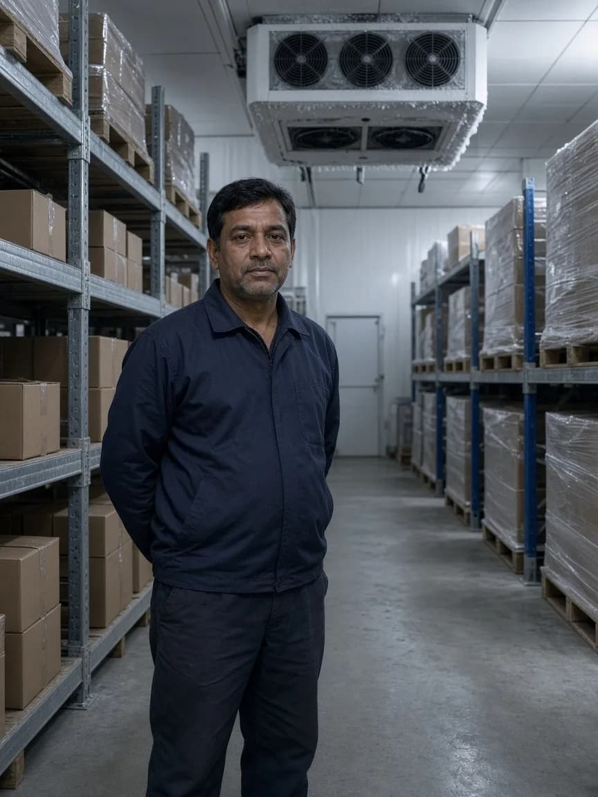 A worker walking a tall bright aisle with gaps between meat cartons and pallets