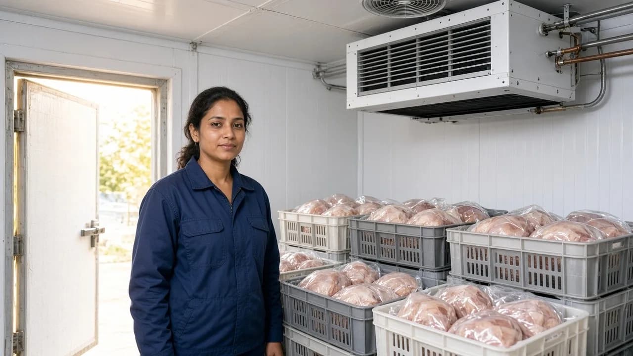A technician beside meat crates and a ceiling evaporator in a bright cold room