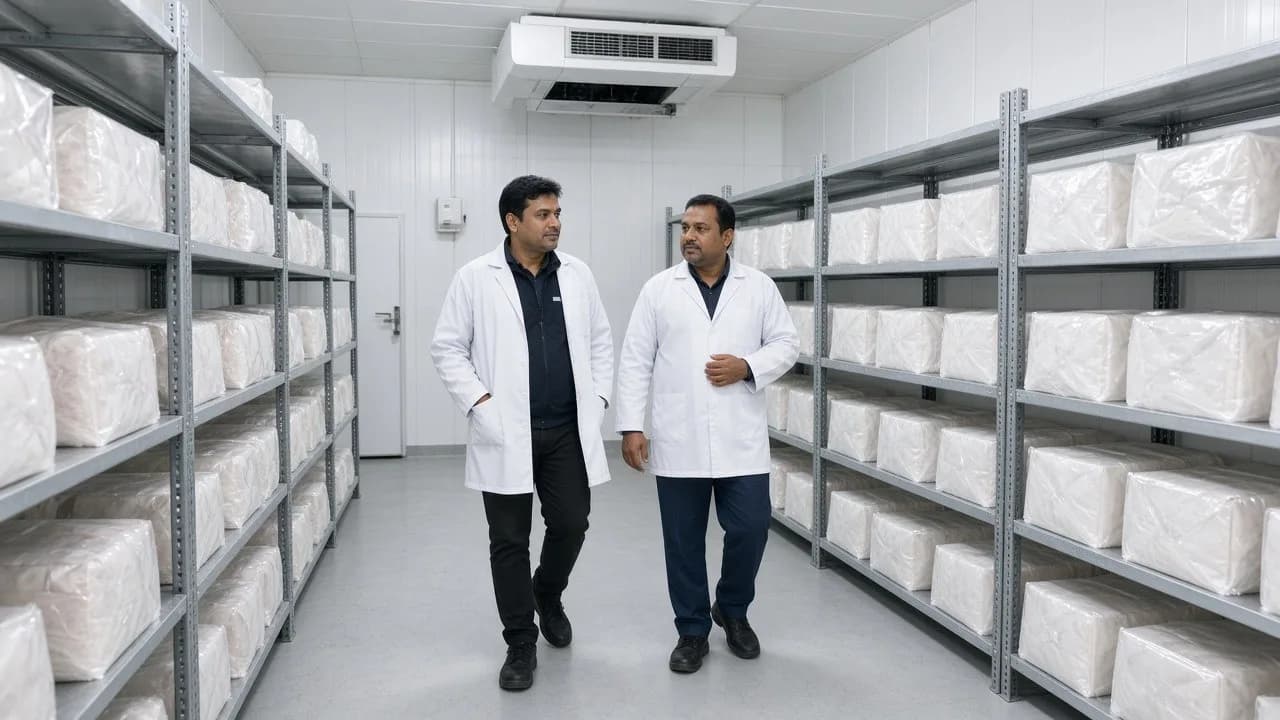 Workers among packaged meat in a bright chilled storage room