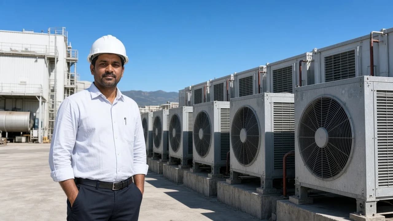 An engineer beside outdoor refrigeration plant at a meat facility under a bright hot sky