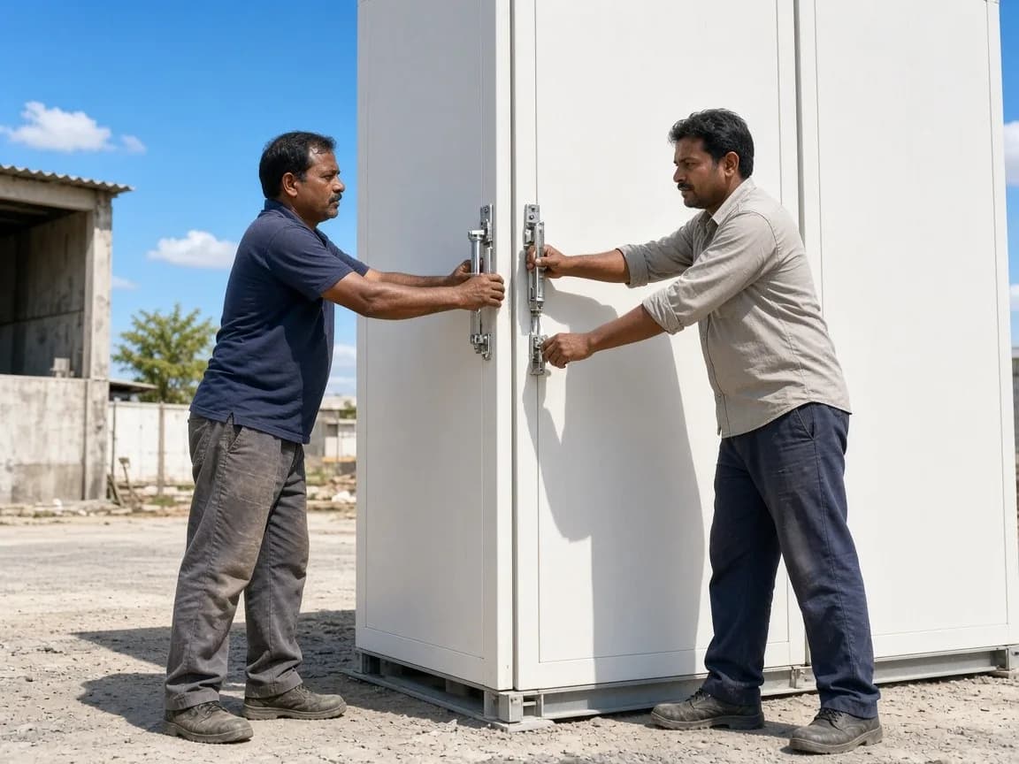 Two workers locking white insulated panels at a sunny meat plant
