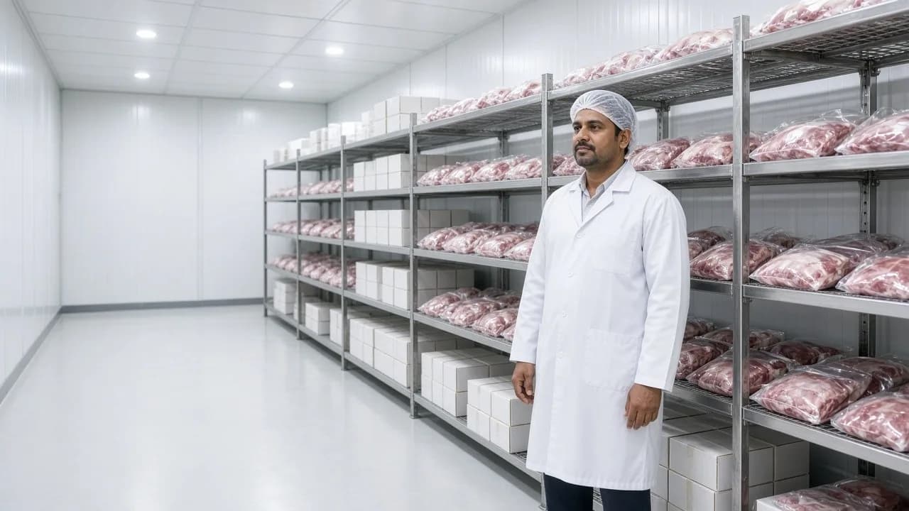 A worker beside packaged meat cartons in a bright chilled cold room