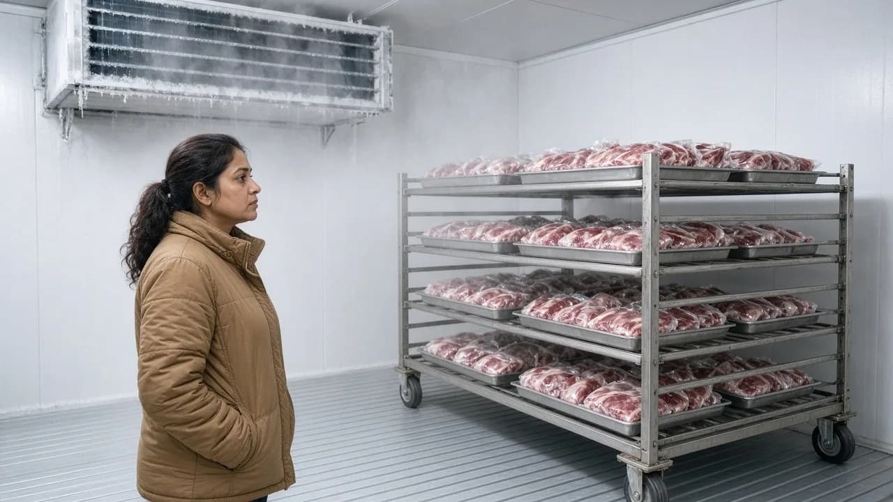 A technician watching packaged meat on racks inside a bright blast freezer