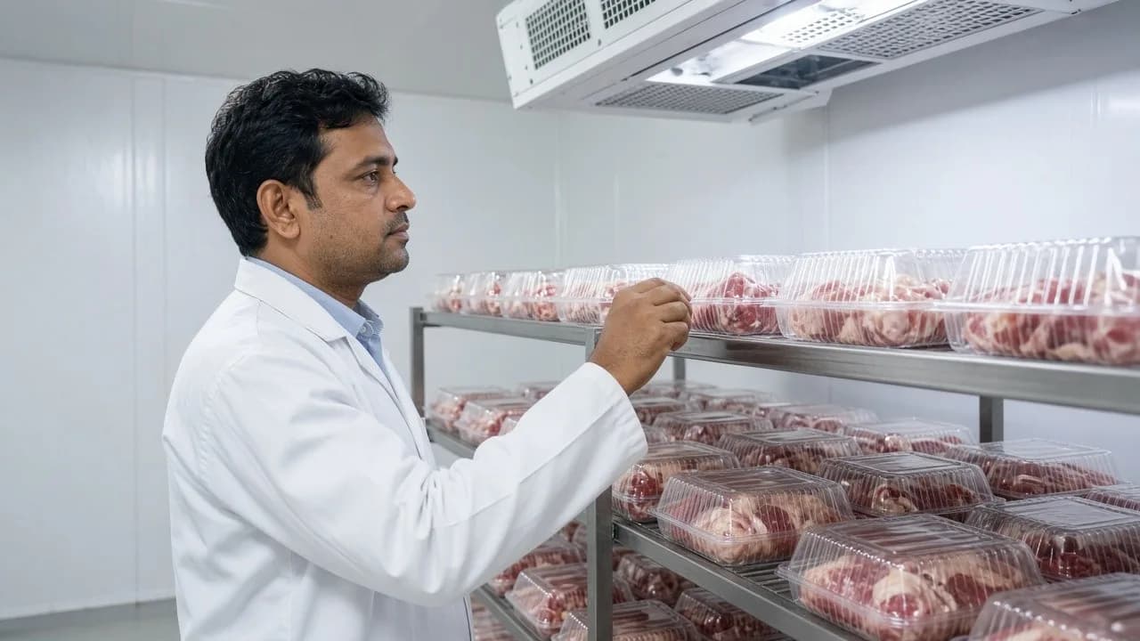 A worker beside packaged meat cooling on racks in a bright chilled room