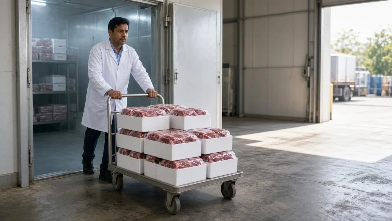 Workers moving meat cartons from a cold room toward a bright loading dock