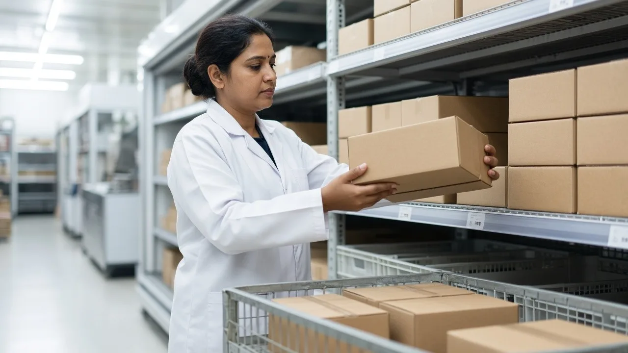A picker selecting meat cartons from a bright refrigerated rack