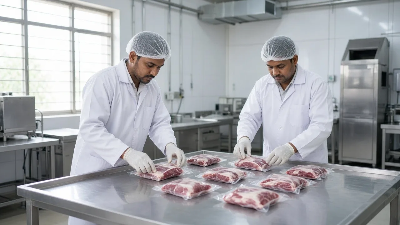 Workers at a clean stainless packing line in a bright meat processing room
