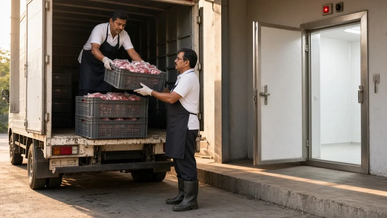 Workers receiving crates of packaged meat at a bright loading dock