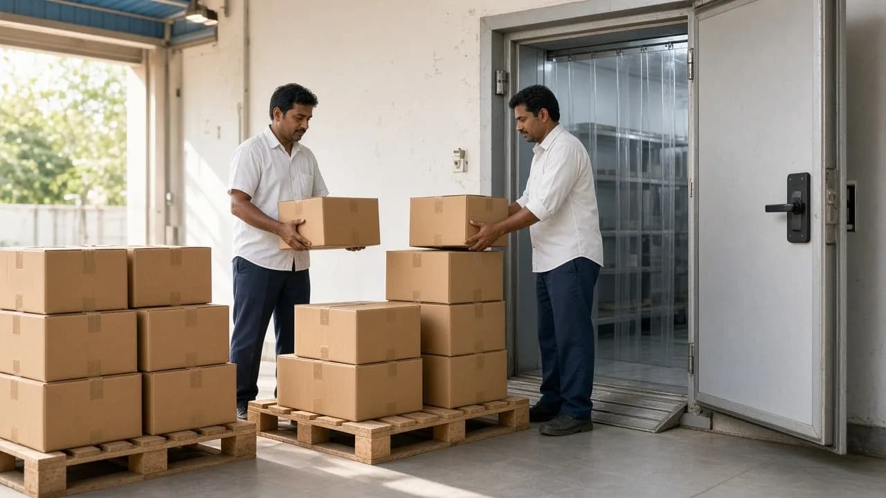 Workers staging pallets of meat cartons beside a cold room door