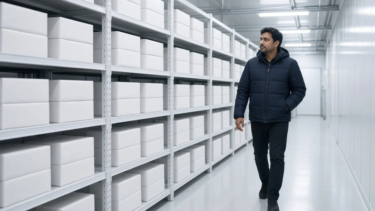 A worker in a bright freezer aisle of frozen meat cartons