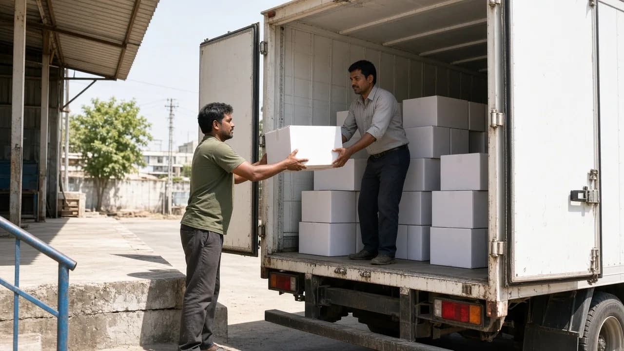 Workers loading meat cartons into a white refrigerated truck at a bright dock