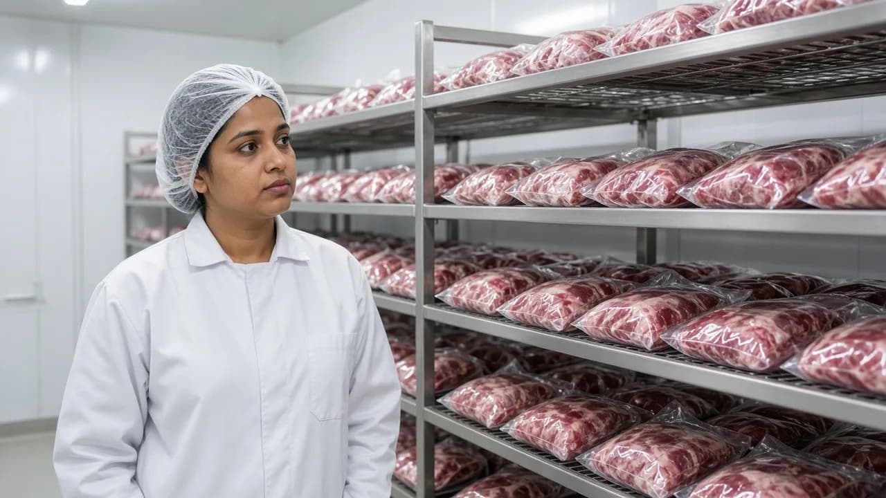 A worker with packaged fresh meat on racks in a bright chilled room