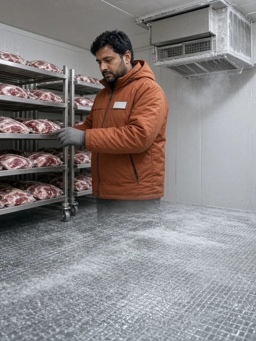 A technician beside racks of packaged meat in a bright blast freezer