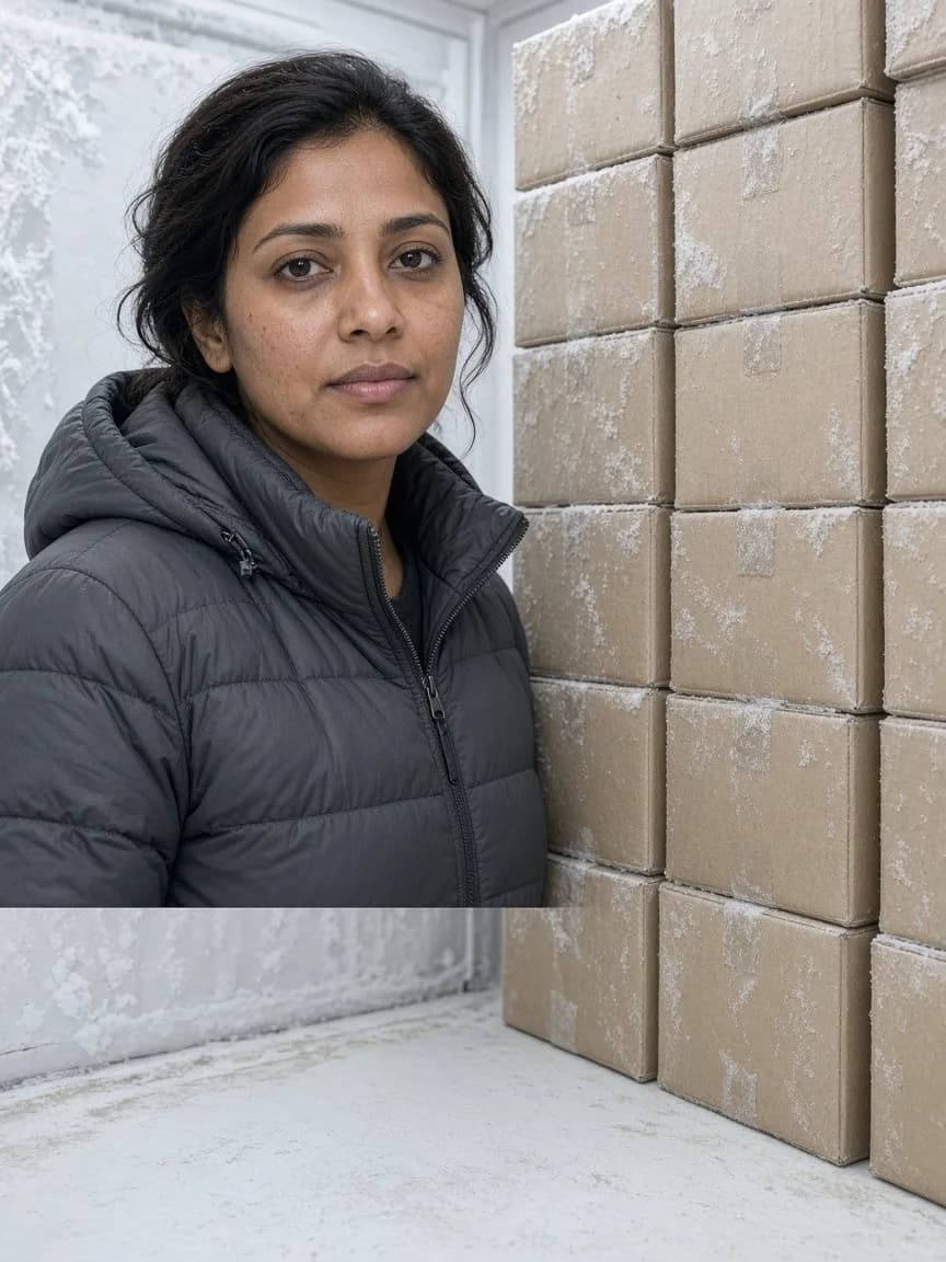 A worker beside frozen meat cartons in a bright low temperature freezer