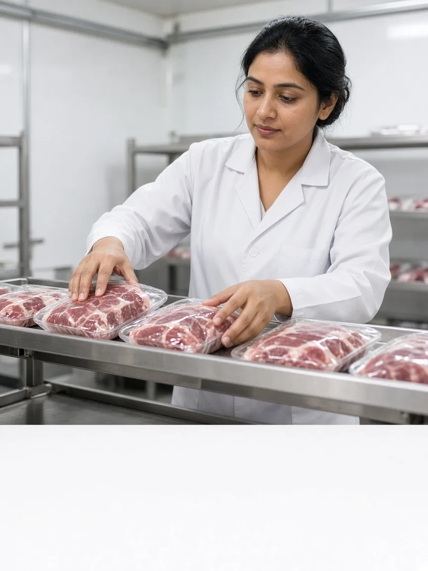 A worker arranging packaged meat in a bright chilled room