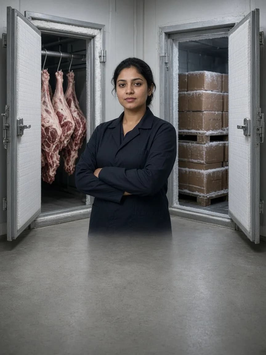 A supervisor between a chilled meat room and a frozen poultry room