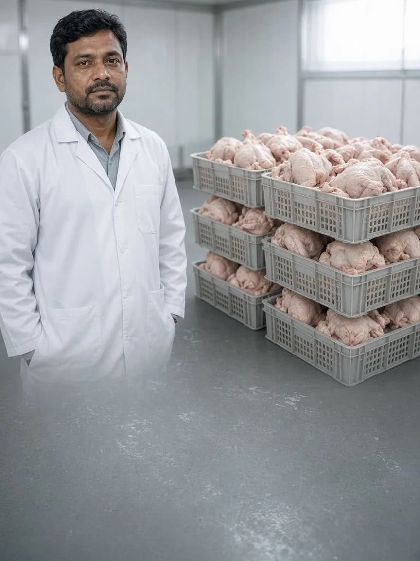 A worker beside crates of fresh poultry in a bright chilled room